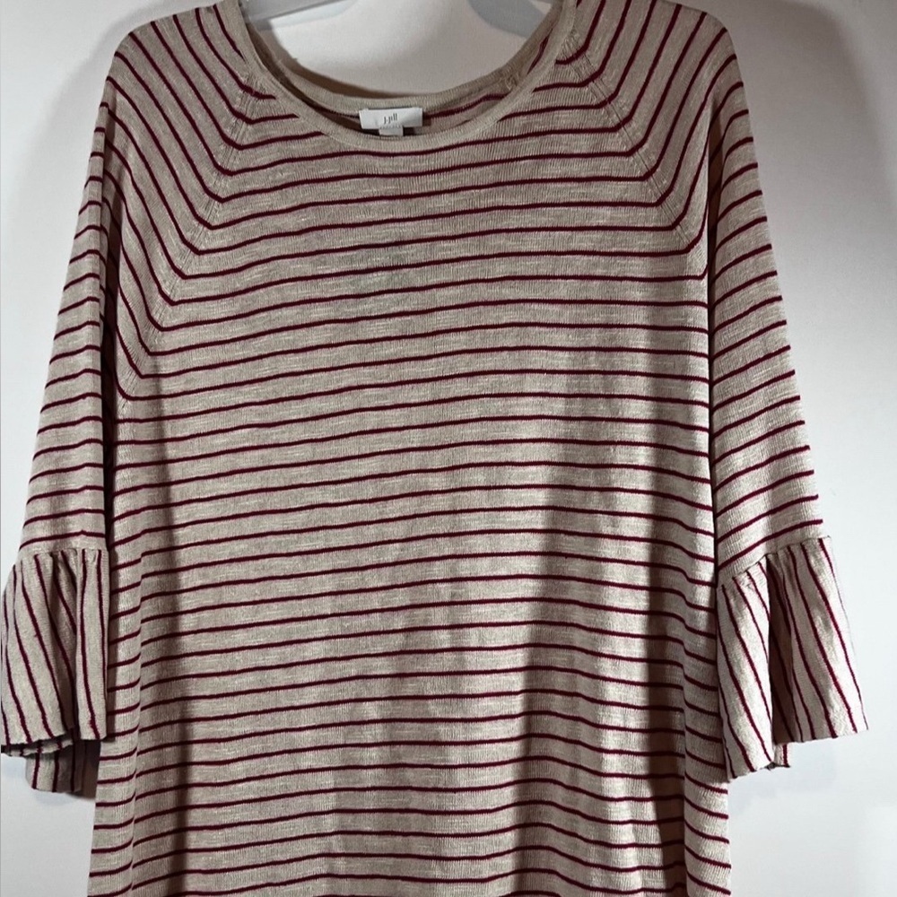 J. Jill Womens Large Oatmeal Red Striped Linen Blend Bell Sleeve Sweater